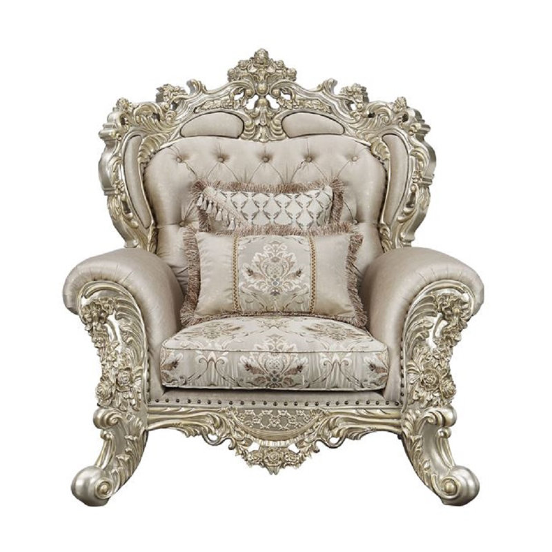 Danae Champagne and Gold Floral Tufted Chair with Pillows