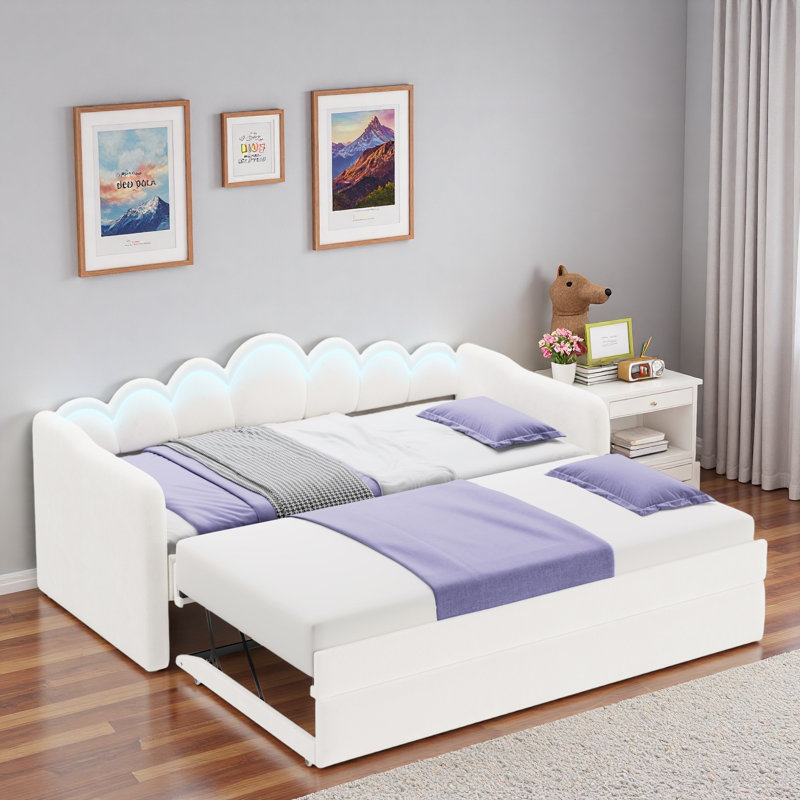 Upholstery Daybed With Led Light, Trundle And Cloud Backrest, White
