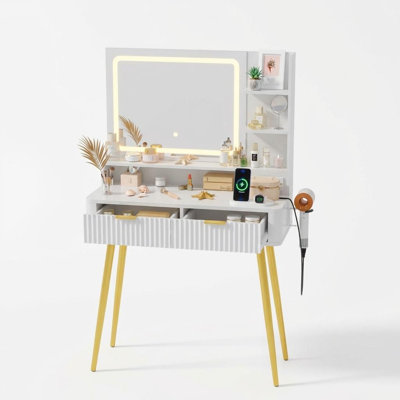 Petit bureau de maquillage avec miroir et lumières, 3 modes de couleur, bureau de coiffeuse cannelé avec tablettes de rangement et 2 tiroirs, coiffeuse avec station de charge intégrée, coiffeuse moderne pour chambre à coucher.