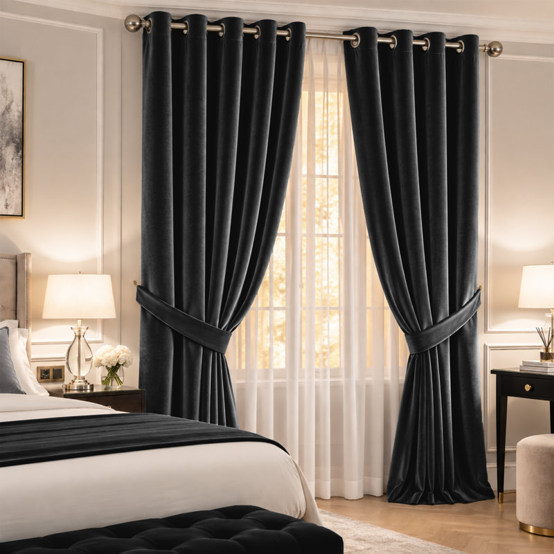 Imperial Homeware London Velvet Room Darkening Curtains, Black, 229 × 229 cm