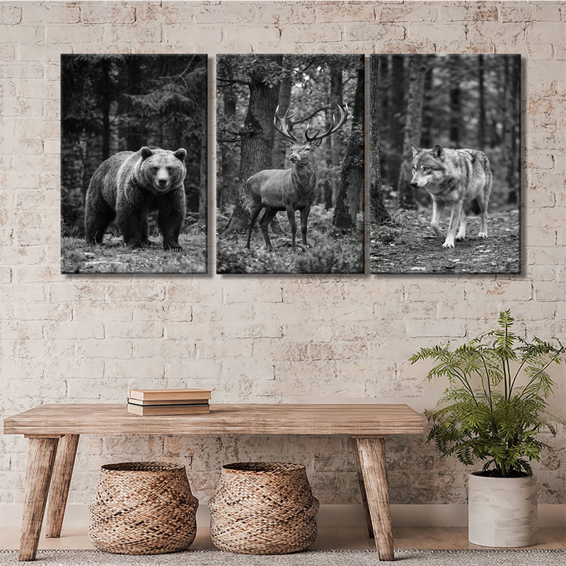 Ours noir et blanc, forêt, loup, cerf, faune, ensemble de 3 impressions sur toile, 28 * 40 pouces * 3