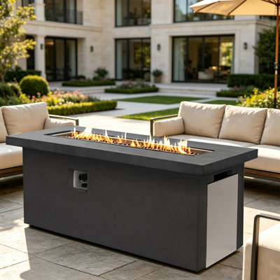 24" H x 60” W Outdoor Concrete Propane Fire Pit Table with Hidden Storage Cabinet and Hideaway Fuel Tank Seat 60000BTU