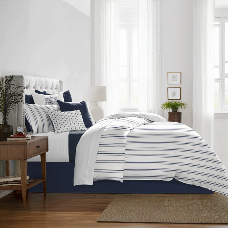 August Stripe Reversible Cotton Duvet Cover Set, Denim, Queen Duvet Cover + 2 Queen Shams