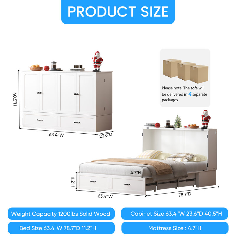 Grand lit escamotable avec USB, tiroirs de rangement (matelas non inclus)
