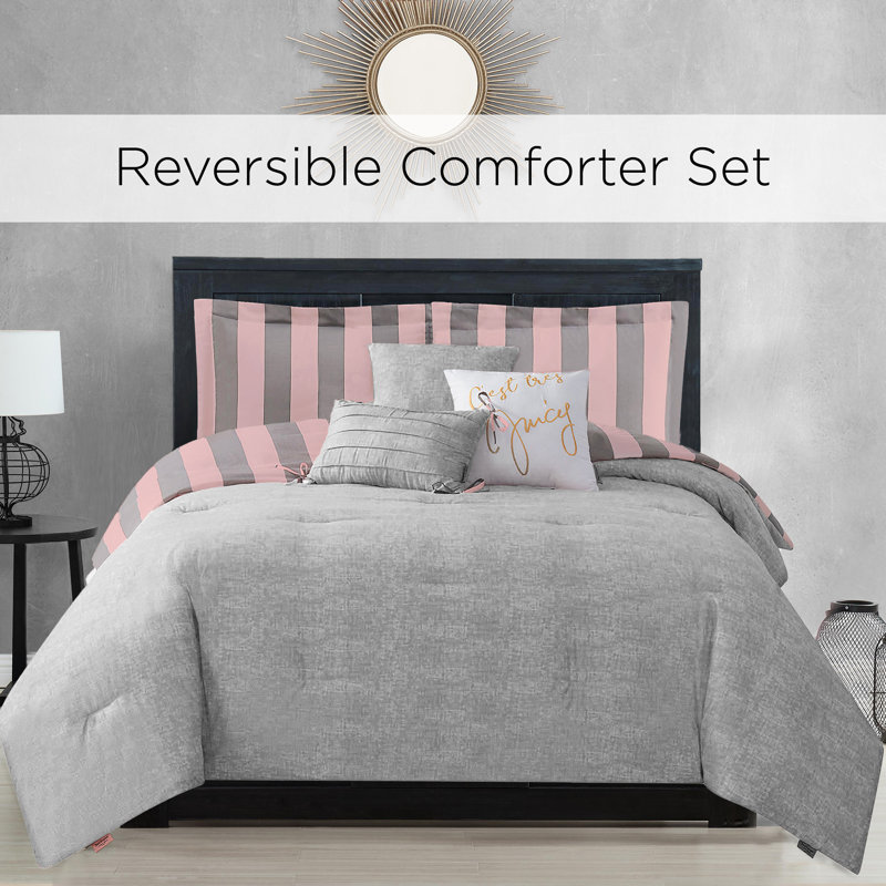 Juicy Couture Cabana Stripe Comforter Sets, Twin/Twin XL Comforter + 1 Sham + 3 Throw Pillows, Gray/Pink