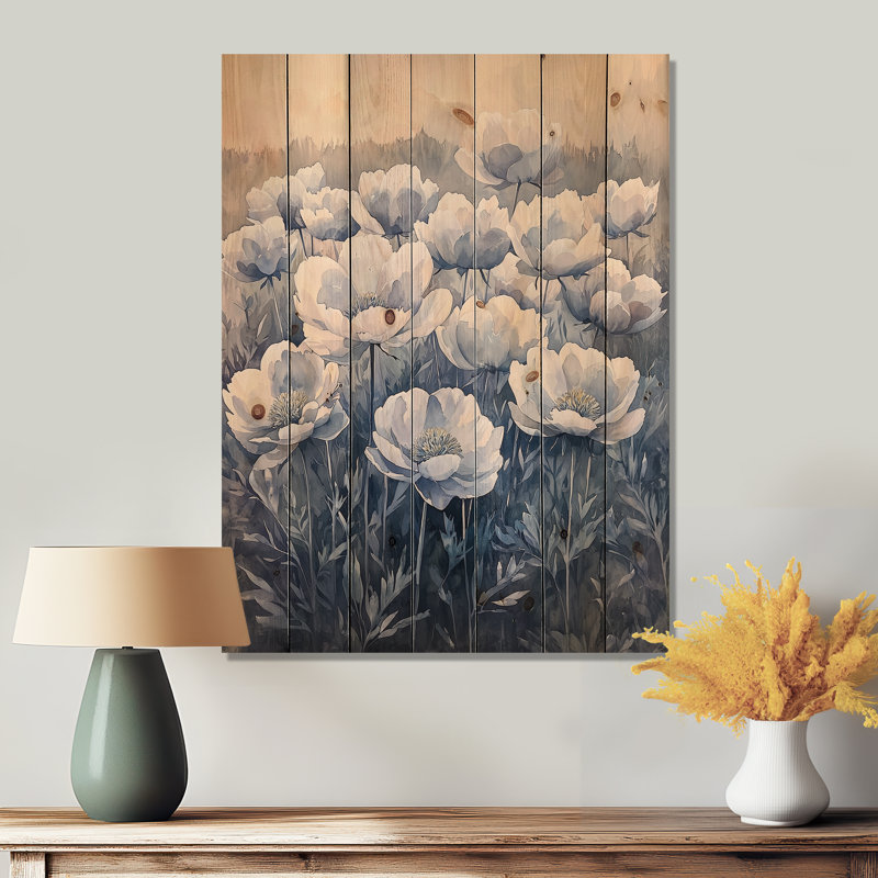 Dusky Blue Peonies In The Pasture II - Peonies Wood Wall Art - On Natural Pine Wood, 40" H x 30" W x 0.78" D