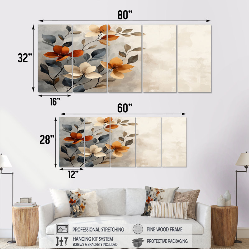 Fleurs de cerisier botanique orange gris II - ensemble de reproductions d'art mural cerisier en fleurs, H 32 po x l 80 po