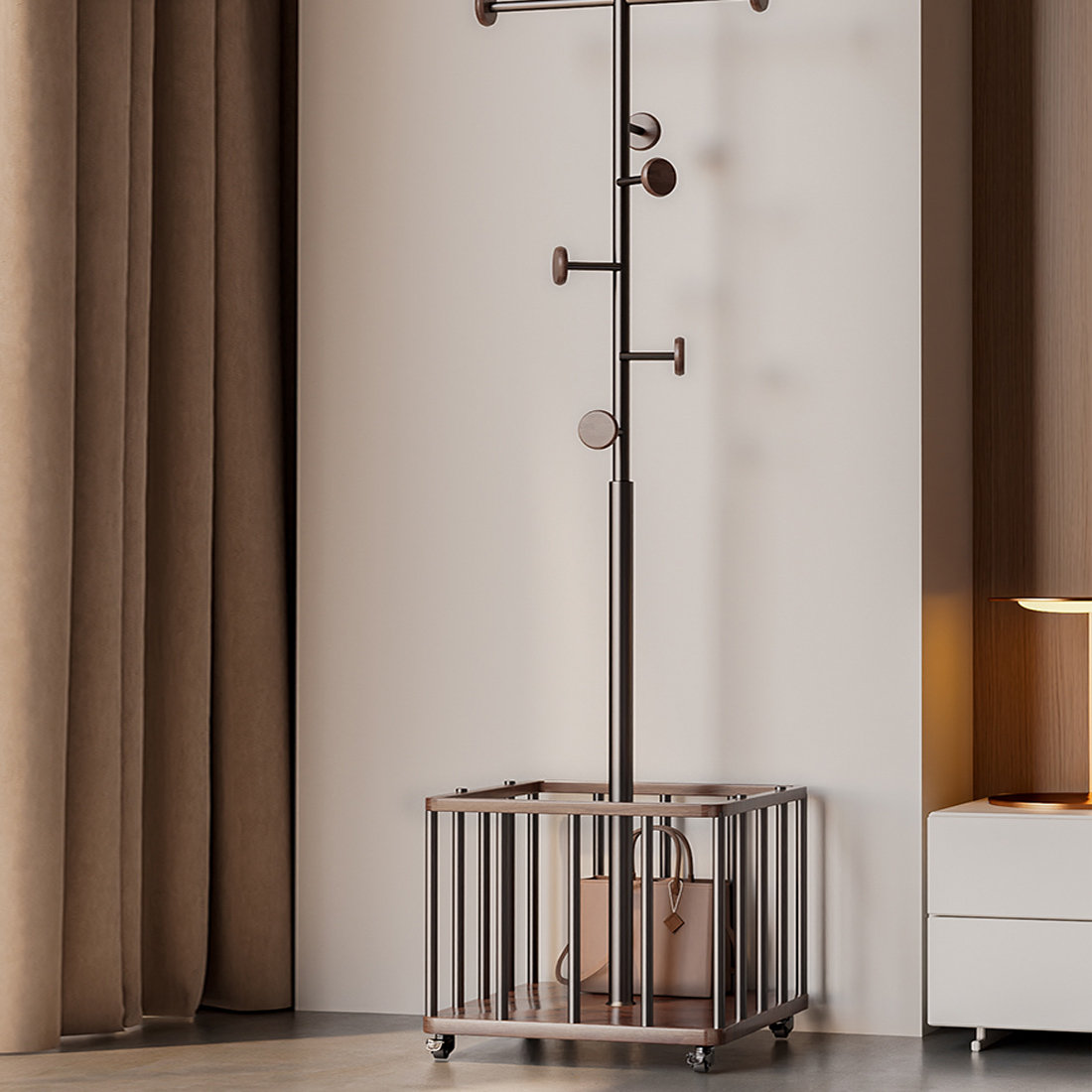 Everly Quinn 360° Wheeled Coat Rack with Wooden Hooks - Wayfair Canada