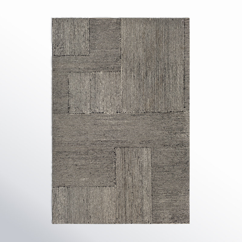 Peeta Geometric Hand-Tufted Wool Black/Ivory Area Rug, Rectangle 6' x 9'