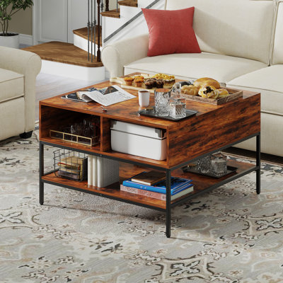 32.4''W Farmhouse Flip Top Coffee Table with Hidden Storage – Half-Opening Design, Rustic Wood Finish & Sturdy Metal Frame – Space-Saving Living Room Table with Toy Storage