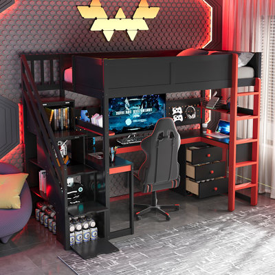 Twin Size Wooden Gaming Loft Bed with Storage Stairs, Desk, Shelves & Pegboard, Red