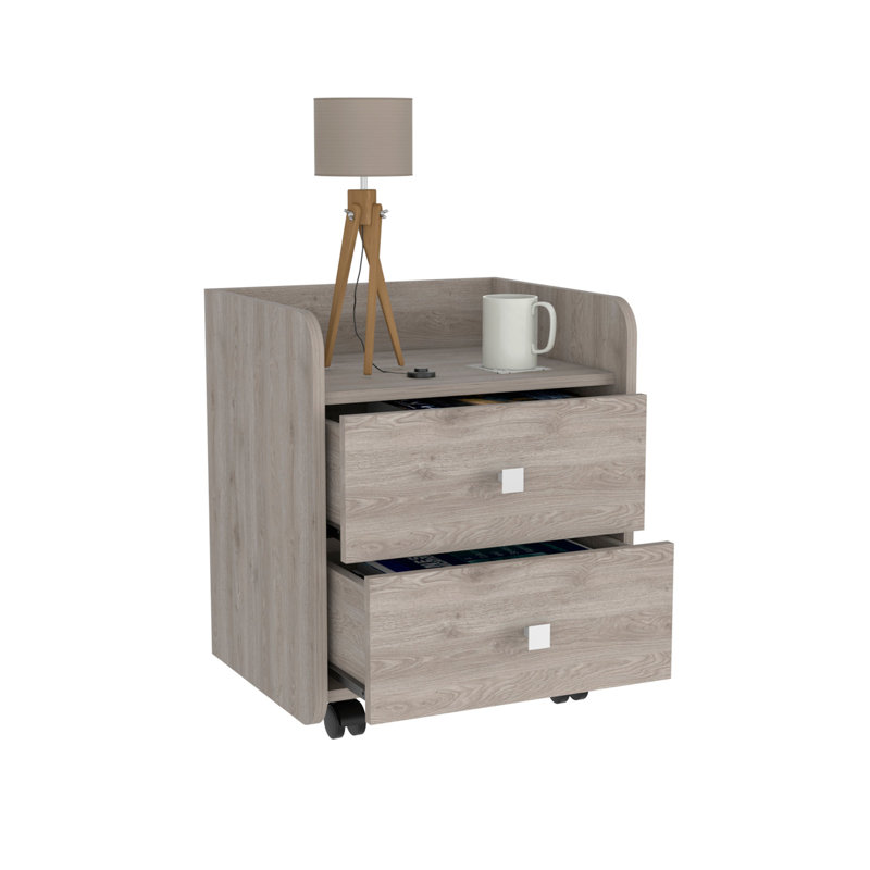 Table de chevet, plateau supérieur, deux tiroirs, quatre roulettes