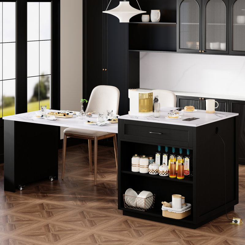 Îlot de cuisine noir moderne avec table extensible, double rangement, 1 armoire, 2 tablettes latérales ouvertes, prise double 82,7 pouces, roues verrouillables