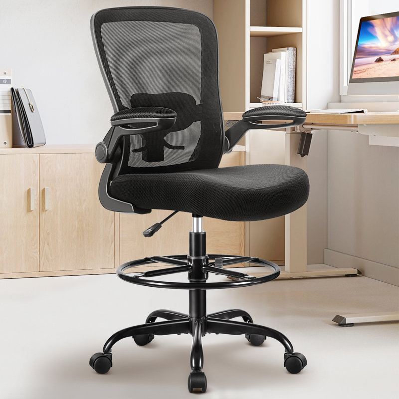 Chaise de dessinateur en filet avec repose-pieds réglable et support lombaire , Noir, Noir