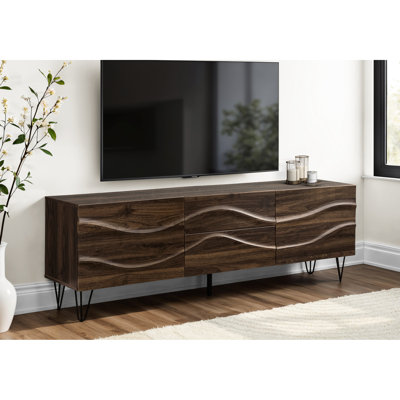 Meuble télé en stratifié brun de 183 cm (72 pouces), style milieu du siècle, rangement pour appareils multimédias, construction robuste, pieds en métal, esthétique, rangements, salon