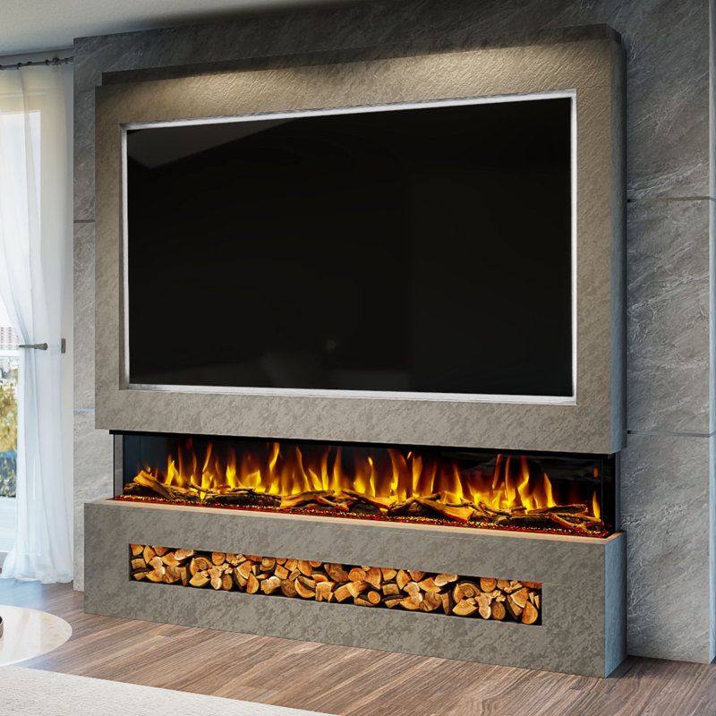 Evolution Fires Pre-Built Media Wall Package 16, finished in textured Venetian Plaster, includes Spectrum Series 82 Series 3-Sided Electric Fireplace