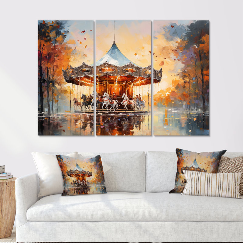 Carousel In Sunset Charm - ensemble d'art sur toile Carousel, H 28 po x l 36 po