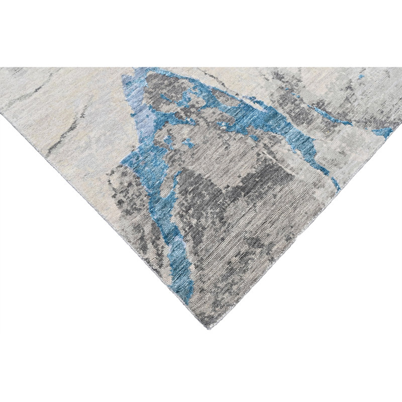 Tapis gris anthracite et bleu sarcelle noué à la main de haute qualité, Rectangle de 5 pi x 8 pi