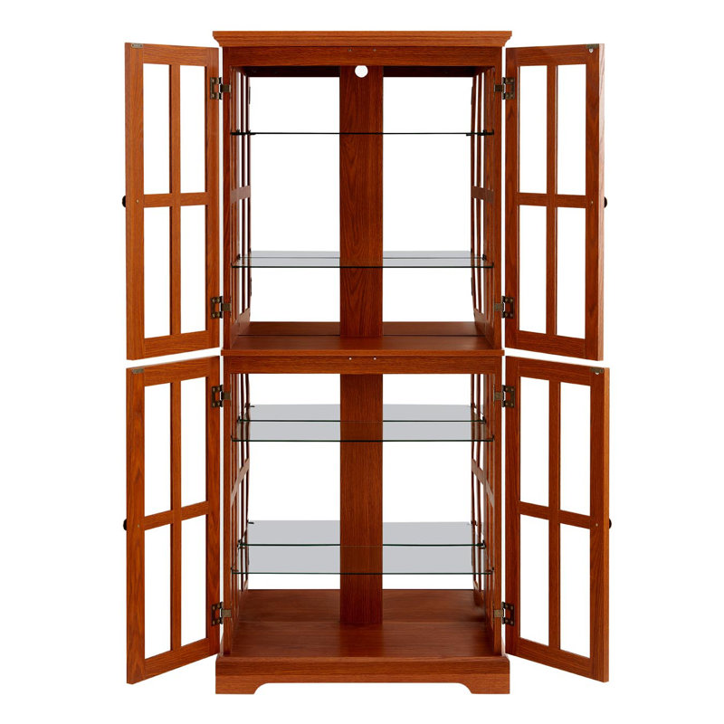 Curio Display Cabinet, Antique Display Cabinet With Glass Doors Adjustable Shelves For Collectibles Four Door Design Vintage Showcase For Home Or Office Antique Display Case E26 Bulb Included DARK OAK