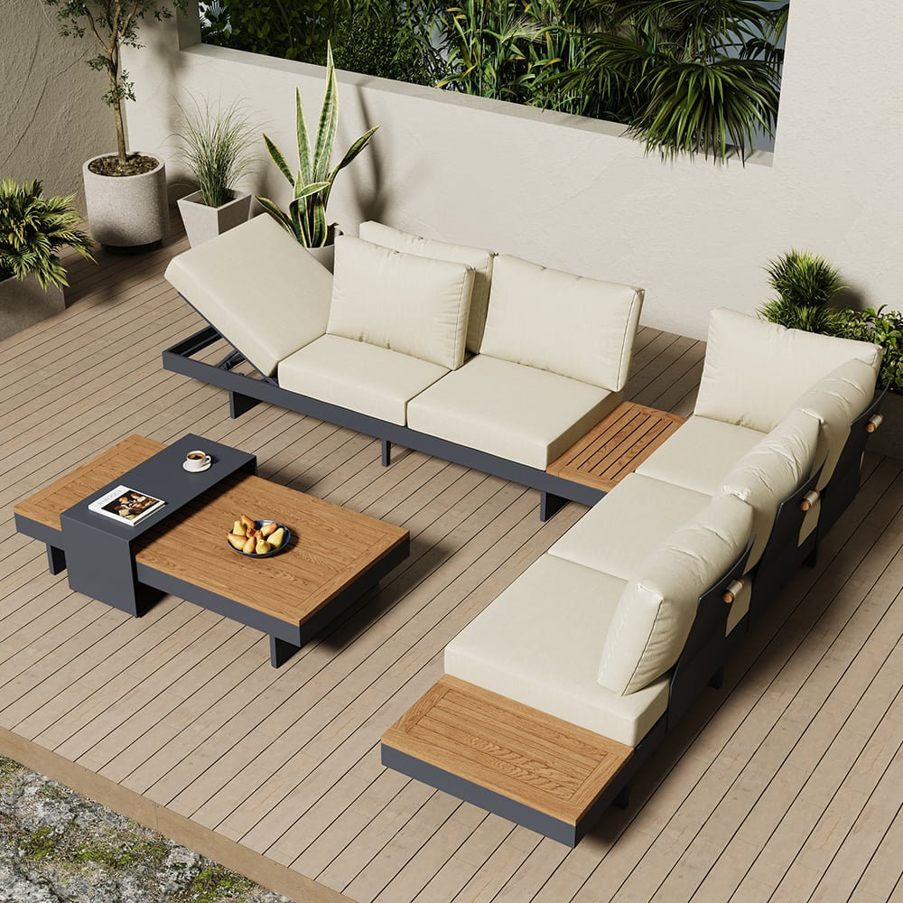 97" Teak Patio Sectional, Beige