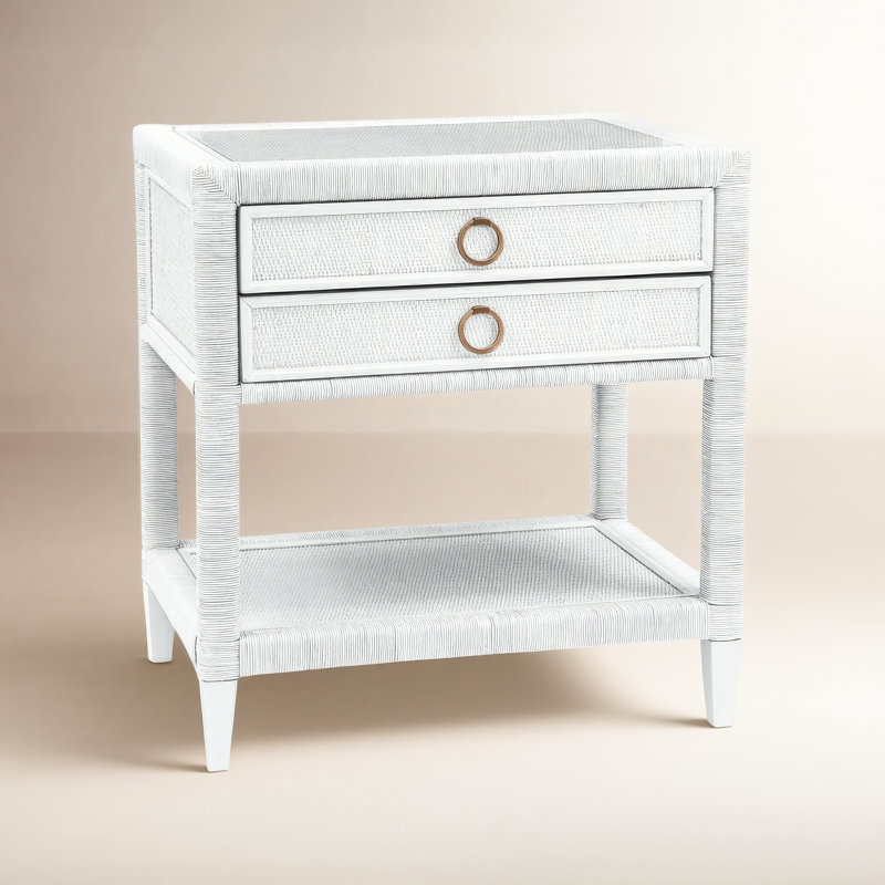 Warwick 2 - Drawer Wicker Nightstand, Frost White, Satin Brass