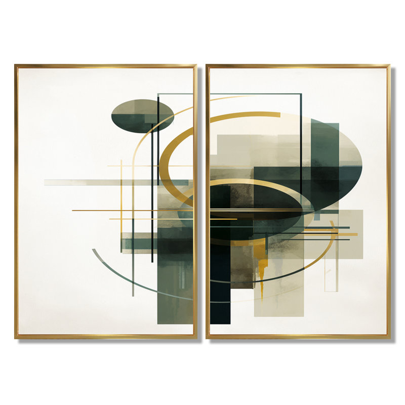«Emerald Gold Retro Geometrics - Minimalisme, art sur toile, art abstrait vert 2 panneaux, Reproduction avec cadre flottant