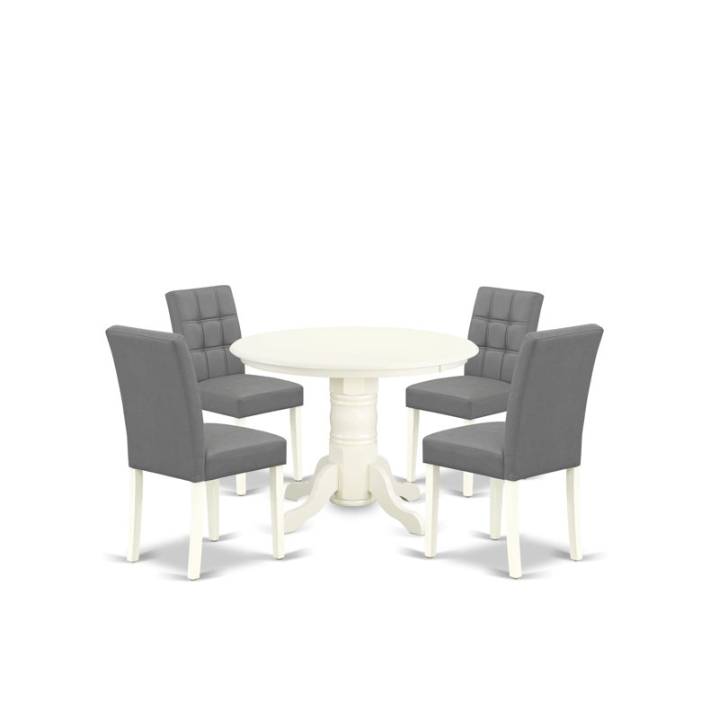5 Piece consists A Mid-Century Dining Table Set Wooden Table and 4 Platinum Gray Polyester Fabric Dinner Chairs with Stylish Back- Linen White Finish