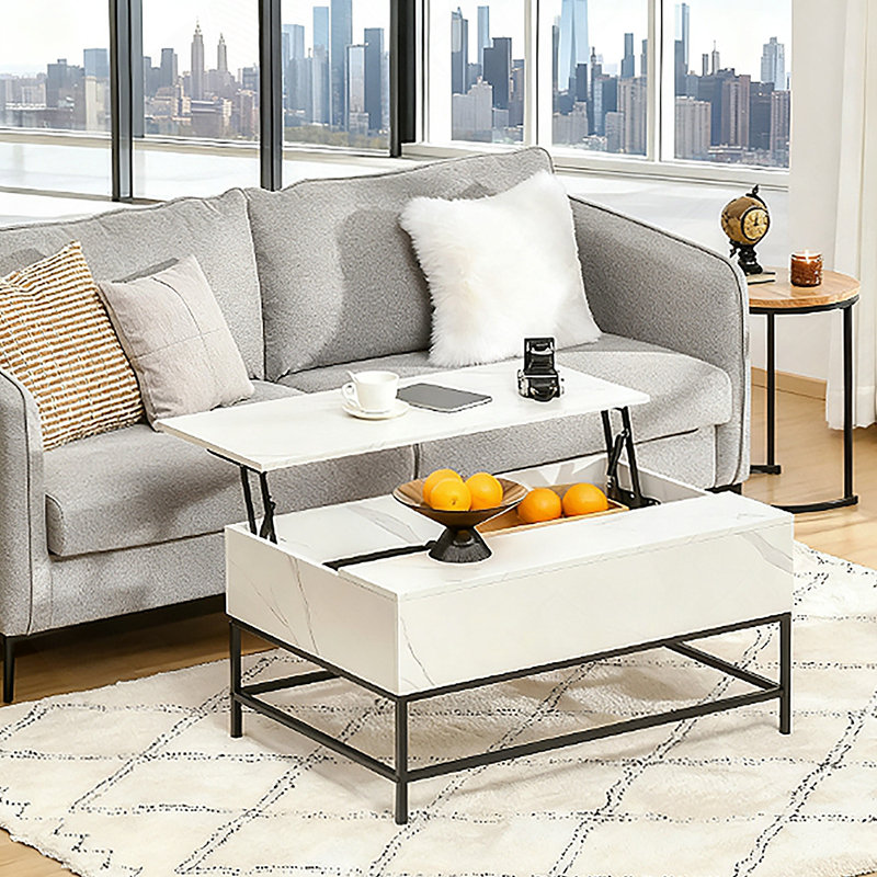 Table basse à plateau relevable avec compartiment de rangement caché, blanc