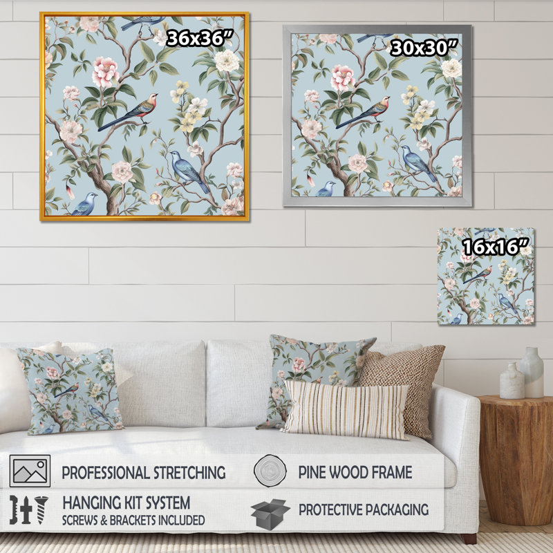 Chinoiserie, oiseaux et pivoines sur toile, Toile tendue, 36" H x 36" W