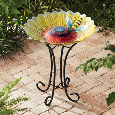 Solar Bee Floral Bird Bath