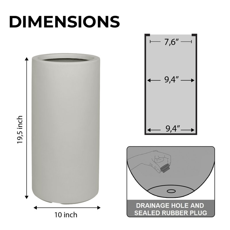  Indoor/Outdoor Small Light French Gray Fiberstone Tubo Planter - D10" x H19.5" - Opening 8.2", Light French Gray