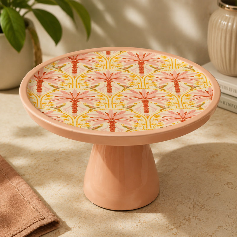 Présentoir à gâteaux en bois de manguier avec plateau floral rose 10,5 po
