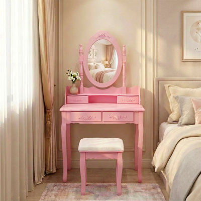 Pink Princess Vanity Desk Set With Mirror & Cushioned Stool, 4-Drawer Wooden Makeup Vanity Table For Girls' Bedroom, Dressing Table With Ample Storage