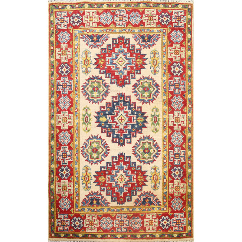 Tapis rouge / beige / bleu en laine noué à la main à motif géométrique 2 pi 7 po x 3 pi 11 po