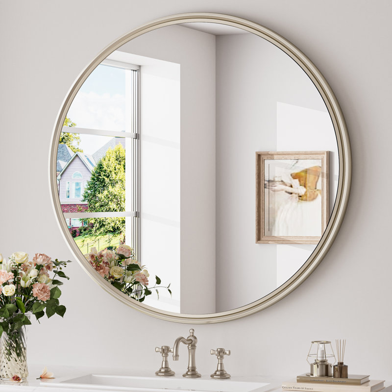 Miroir mural rond en verre trempé Evangerista, 24 po x 24 po, Nickel brossé