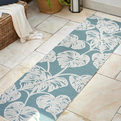 Hua High-Low Two-Tone Monstera Leaf Blue/Ivory Indoor/Outdoor Rug