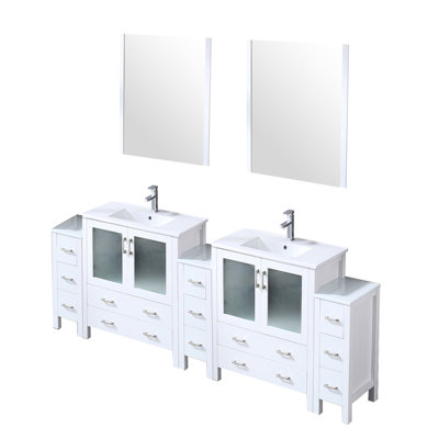 Double Bath Vanity 96 In. White, Ceramic Countertop, Side Cabinets, 28 Mirrors, Faucet - Long-Lasting And To Fading Top With Scratch-