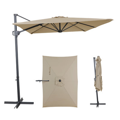 10x6.5 ft. Aluminum Cantilever Market Non-Solar Tilt Half Patio Umbrella in Beige, 360° Crank Lift, Wind Resistant