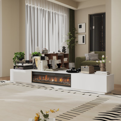109.7" W Solid and Manufactured Wood TV Stand with Electric Fireplace 