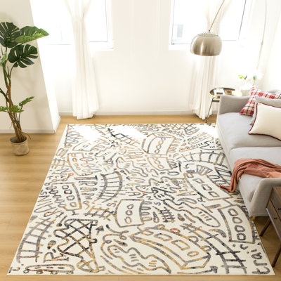 Merzglyphs by Katie Merz Railroad Ivory Train Machine Washable Area Rug