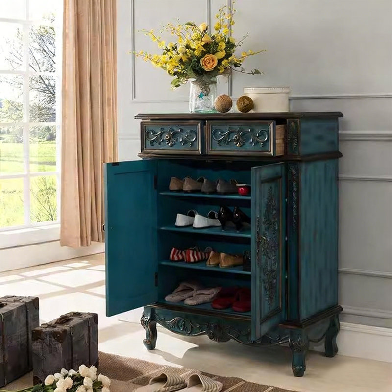 Banc de rangement bleu en bois manufacturé