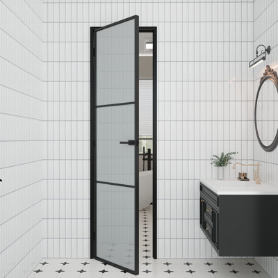 Interior 3-Lite Frosted Glass Aluminun Door Slab Black Finished With Aluminun Jamb And Knob