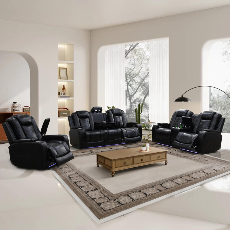 Ensemble de canapé inclinable en cuir 3 pièces, Noir