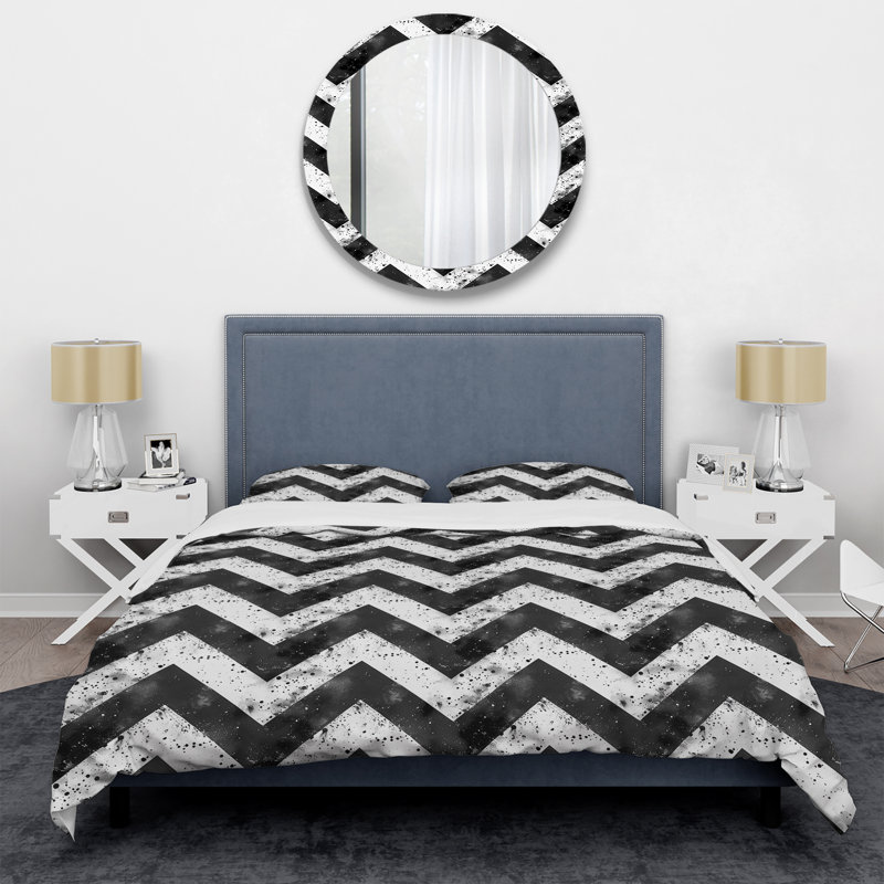 Ensemble de housse de couette noir et blanc à chevrons Flow III, Housse de couette très grand + 2 taies décorativ