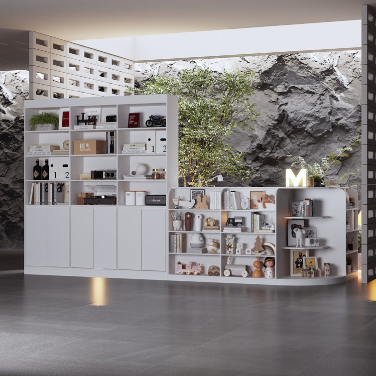 Modern Reception Desk With Integrated Bookshelf And Storage Cabinets, L-Shaped Design