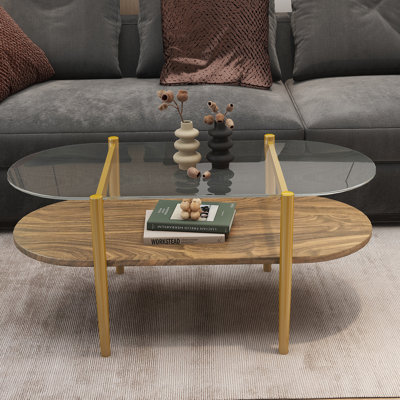 Oval Glass Coffee Table, Mid-Century Modern Design, L41 X W21 X H17 Inch, For Living Room, 2-Tier Structure, Clear Glass Top And Walnut Finish Wood Shelf, Conical Legs With Gold Finish Frame