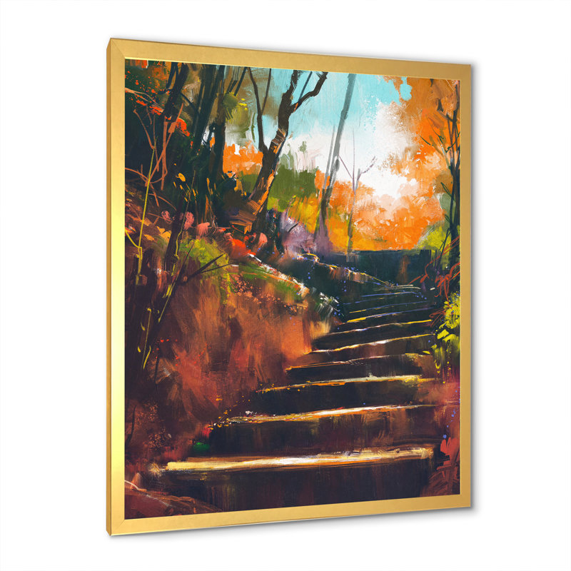 Stone Stair Path In Autumn Forest - reproduction d'art sur toile traditionnelle, H 45,5 po x l 34 po, Cadre doré