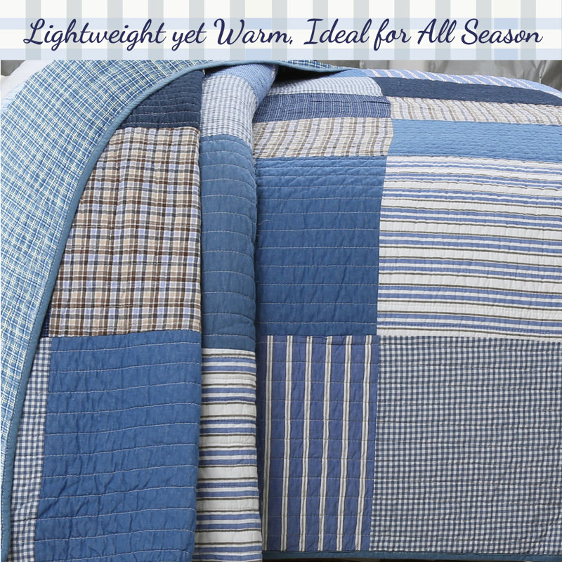 Blue Plaid Patchwork Cotton Twin Reversible Quilt Set