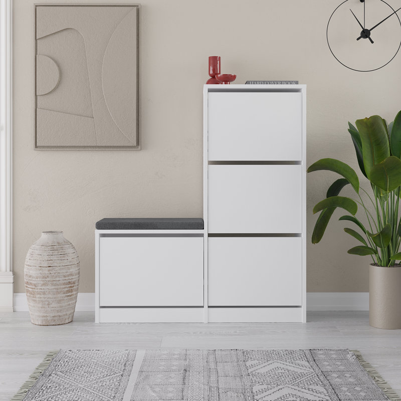 Dude Modern Bench Shoe Cabinet 4 Drop-Doors, White