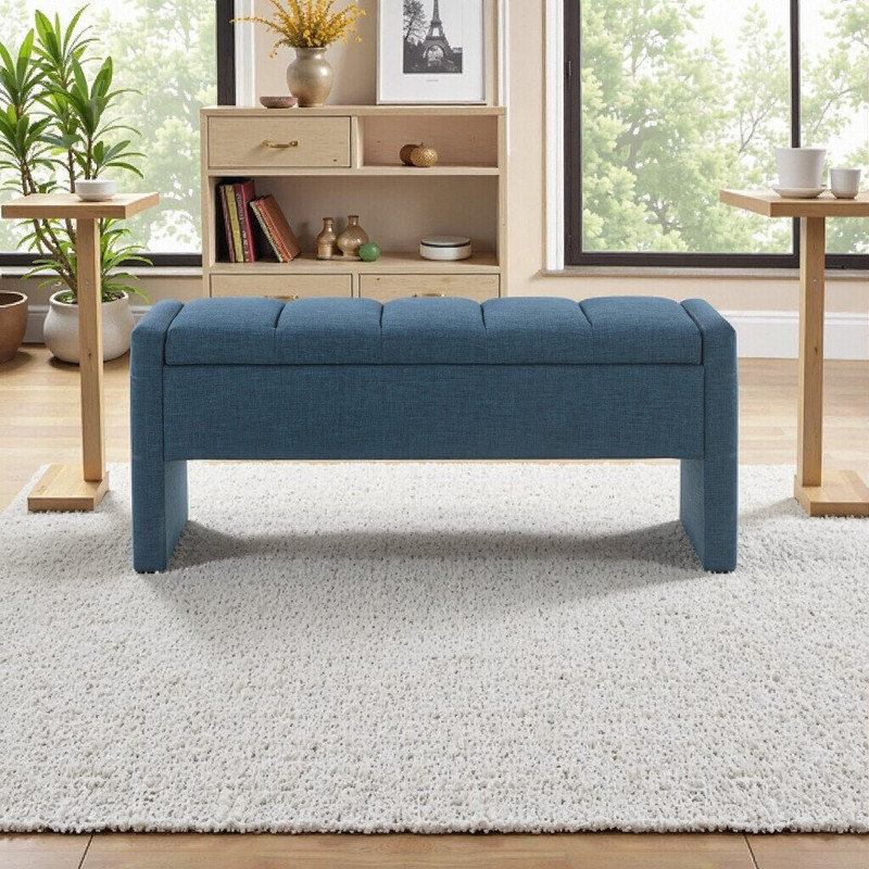 Storage Bench With Upholstered Seat, Hidden Compartment For Living Room & Bedroom, Navy Blue
